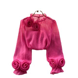 Fongt Shirt Female Design Sense Small Three-Dimensional Flower Bubble Sleeves To Reduce The Age Of Pure Color Chiffon Shirt Women's Long-Sleeved Top