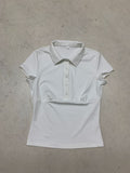 Fongt Style Collar Buckle V-Neck Spliced Chest-Type Umbilled T-Shirt Hottie Temperament Female Casual Top