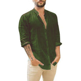 Fongt Men's New Linen Cardigan Pure Color Casual Collar Long-Sleeved
