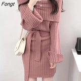 Fashion Autumn and Winter Elegant Straight Neck Open Shoulder Pit Strap Waist Tight Knit Buttock Wrap Dress