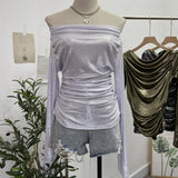 Real Shooting Stacking Long-Sleeved Pile Folded Shoulder T-Shirt Metal-Sclide T-Shirt