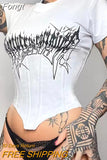 Y2K Graphic Print Corset Basic T-shirts Women Harajuku Sexy Slim Crop Tops Gothic Hollow Out Casual O-neck Tees