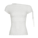 Fongt Desire Girl Wind Thin Slim See One Shoulder Design Ribbon Short-Sleeved Top Babes Reduce Age Thin One-On-Wear Blouse