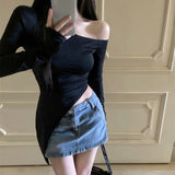 Spring Long-Sleeved Off-Shoulder Irregular Design Top Autumn Solid Color Fashion Korean Style Retro Sloping Collar-Outfit