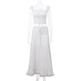 White Lace Tie-Up Top And Maxi Skirt Set-Outfit