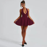 Deep V-Halter Backless A-line Mini Dress-Outfit