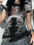 Fongt Gothic Printed Round-Neck T-Shirt Girl 2025 Station Personality Hottie Trend Girl Decor Short-Sleeved Top