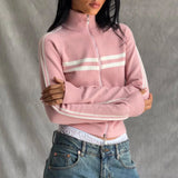 Ribbed Stripe Zipper Pullover Jacket-Outfit