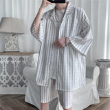 Summer Men Set Shirts and Shorts Lightweight Letter Striped Half Sleeve Knee-Length Baggy Short Oversize Suit Clothing