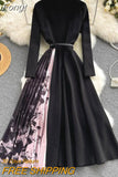 French patchwork pleated dress women high waisted knitting vintage dresses ladies long sleeve spring autumn