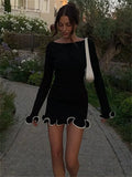 Long Sleeve Knit Ruffled Trim Mini Dress-Outfit