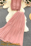 Chiffon Two Piece Sets Women Summer Sleeveless Tank Tops Blouse and Pleated Long Skirts Outfits Ladies Elegant