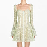 Long Sleeve Square Neck Floral Embroidered Mini Dress-Outfit