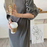 Sleeve Dress Women Summer New Leisure Large Size Simple Solid Retro Fashion M-4XL Chic Soft Elegant Mid-calf