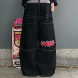 Hip-Hop Rock Embroidered Loose Jeans Y2k Street Retro Harahara Wide-Legged Straight Trousers-Outfit