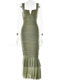 Pleated Mermaid Dress Women V Neck Hollow Out Bodycon Long Summer Dress Luxury Party Evening Porm Dresses for Women