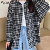 Korean Lantern Sleeve Plaid Shirts Women Classic Turn-Down Collar Oversized Tops Casual Button Up Blouse Femme
