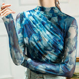 S-2XL Women Turtleneck Soft Full Sleeve Printed Mesh T Shirts Lady Elegant Elastic Tops Tees Female T-Shirt-Outfit