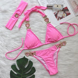 Fongt Sexy Luxury Crystal Diamond Bikini Solid Color Female Strap Swimwear Metal Accessories