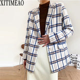 XITIMEAO New Women Casual Woolen Coat Blazer Office Lady Plaid Slim Suit Coat Single Breasted Thickening Ladies