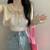 Short Cardigan Women Long Sleeve Thin Open Stitch Knitted Sweater Shirts Female Solid Shawl-Outfit