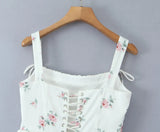 White Floral Print Bow Strap Chiffon Mini Dress-Outfit