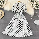 Fongt Summer French Retro Skinny Bubble Short-Sleeved V-Neck A-Shaped Dress Elegant Temperament Long Dress