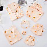 Spring 7 Pieces Set Silk Elegant Women Pajamas stripe Shorts Long Sleeve Tops Elastic Waist Pants Full Lounge