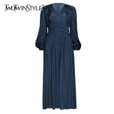 Blue Vintage Dress For Women V Neck Puff Long Sleeve Pleated Ankle Length Dresses Female Fashion Clothes 2022