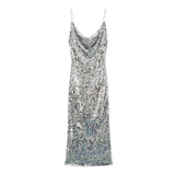 Silver Sequin Cowl Neck Midi Dress-Outfit
