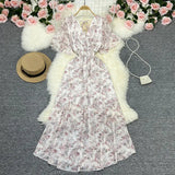 Fongt Wind Temperament Sweet Broken Flower V Collar Dress Beach Vacation Snow Spinning A Word Long Skirt-Outfit