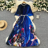 Fongt Women's Niche Elegant Dress New Hollow Nail Ball Neck-To-Celing Waist-Print Folding Long Skirt