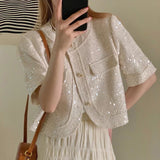 High Quality Korean Tweed Paillette Short Sleeve Jacket Coat Women Korean Fashion Sequin Short Outerwear