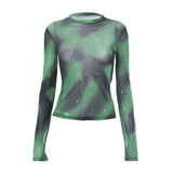 New Sweet And Cool Gradient Dizzying Mesh Printing Micro-Permeable Long-Sleeved Top