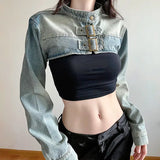 Old Washing Metal Buckle Collar Loose Long-Sleeved Ultra-Short Denim Jacket Blouse 2023 New Style-Outfit