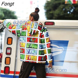 Colorful Dollar Print Cotton Padded Coat Women Winter Detachable Hoodie Stand Collar Long Sleeve Zipper Down