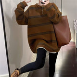 Fongt Color Stripe Retro Matching Color Sweater Women's New Lazy Wind Sweater Loose And Versatile Medium Long Pullover Sweater-Outfit