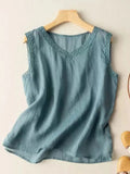 Vests Cotton Linen V Neck Women's Summer Top Casual Loose Embroidered Temperament Wears Suspenders Inside Blue