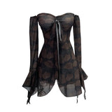 Horn Long Sleeve Bra Strap Bow With Chest Cushion Net Yarn Irregular Open Fork Tat