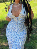 Women Backless Long Dress Sexy Floral Print Sleeveless Lace V-neck Cocktail Dress Slim Spaghetti Strap Vestidos Party-Outfit