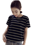 Fongt New Summer 2024 Korean Version Loose Large-Size Striped Short-Sleeved T-Shirt Women's Top Bottom Shirt Women's
