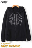 Clothes Rhinestone Skeleton Pattern Zip Up Drawstring Thermal Hoodie Streetwear Diamond Harajuku Jacket 2023 Autumn