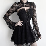 Horn Sleeve Black Collar V Inner Blouse The Court Tight Long-Sleeved Perspective Lace Bottomed Shirt-Outfit