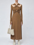 2025 New Solid Color Strapped Long Dress Fashion High-End Feel Long Sleeve Dress Women's