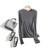 Women Ruffles Long Sleeve T Shirt Spring Autumn Slim Fit Casual Tshirt Female Basic Solid Elastic See-through Tee Y2k Streetwear-Outfit