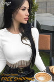 Rhinestone Tassel Long Sleeve Crop Top Solid Round Neck Ribbed Knit Blouses Women Shirts Street Club