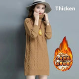 Turtleneck Mid-length Sweater Women Winter Add Velvet Slim Knit Tops Korean Ribb Pullover Warm Knitwear Bottomed