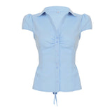 Fongt New Temperamental Femininity Polo Collar Short-Sleeved Shirt Hottie Street Commute Wrinkles On The Top