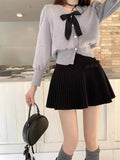 Bow Solid High Waist Pleated A-line Skirt-Outfit