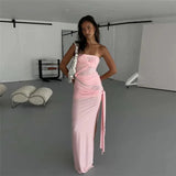 Strapless Pink Tie Up Mesh Midi Dress-Outfit
